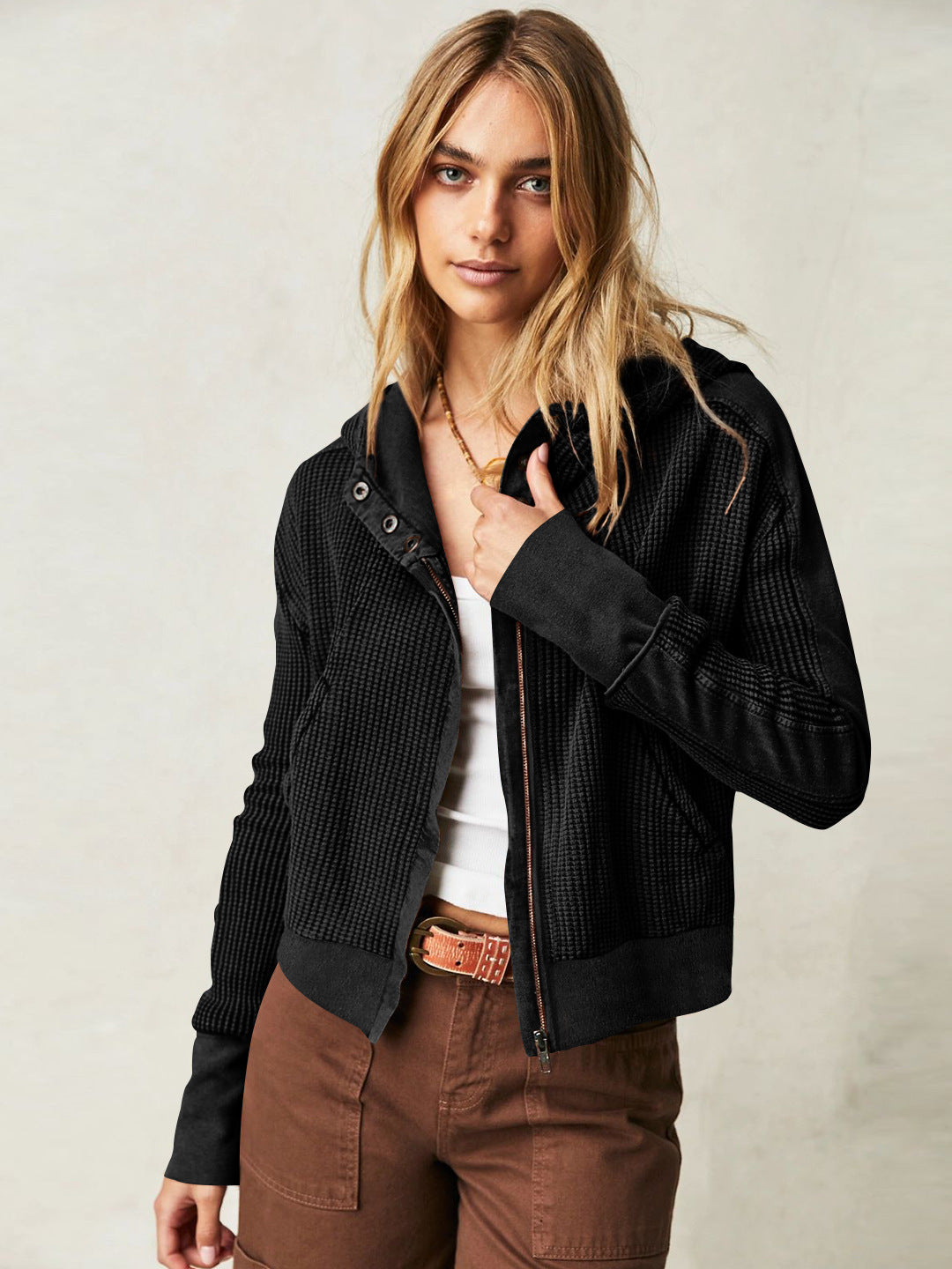 Fall Winter Patchwork Sweatshirt Women Clothing Hooded Long Sleeve Loose Lazy Zipper Hooded Sweatshirt