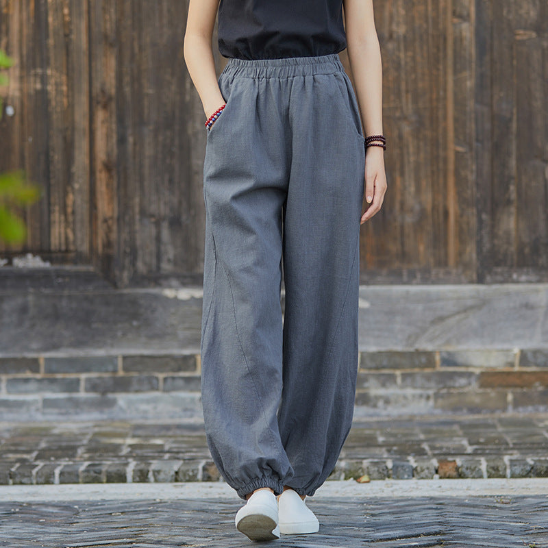 Frühjahr Sommer Baumwolle Leinen Damen Kleidung Retro Stonewashed Ramie Bambus Schnitt Freizeit Hose Damen Baumwolle Leinen Knickerbocker Yoga Hose