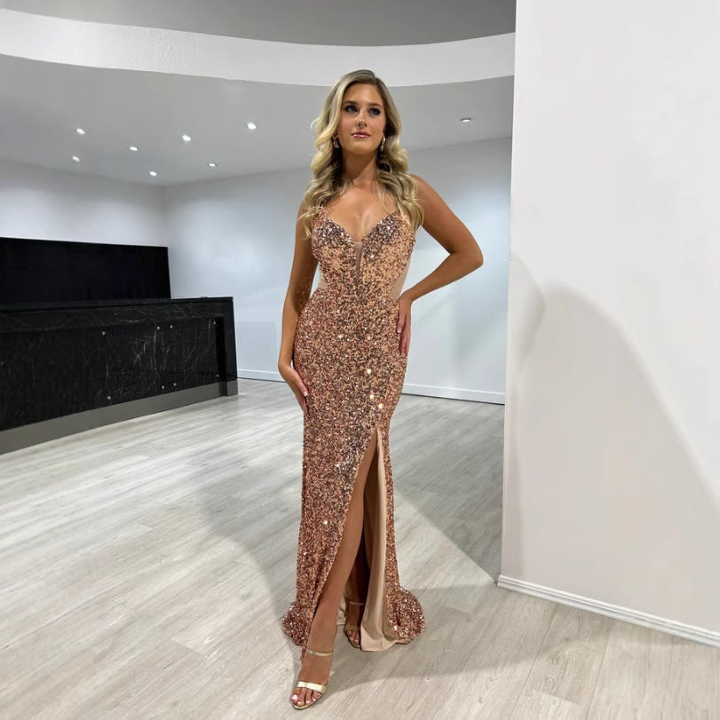 Pailletten Schlitz Sexy Trägerkleid Taillenbetontes Cocktailkleid Slim Fit Maxikleid