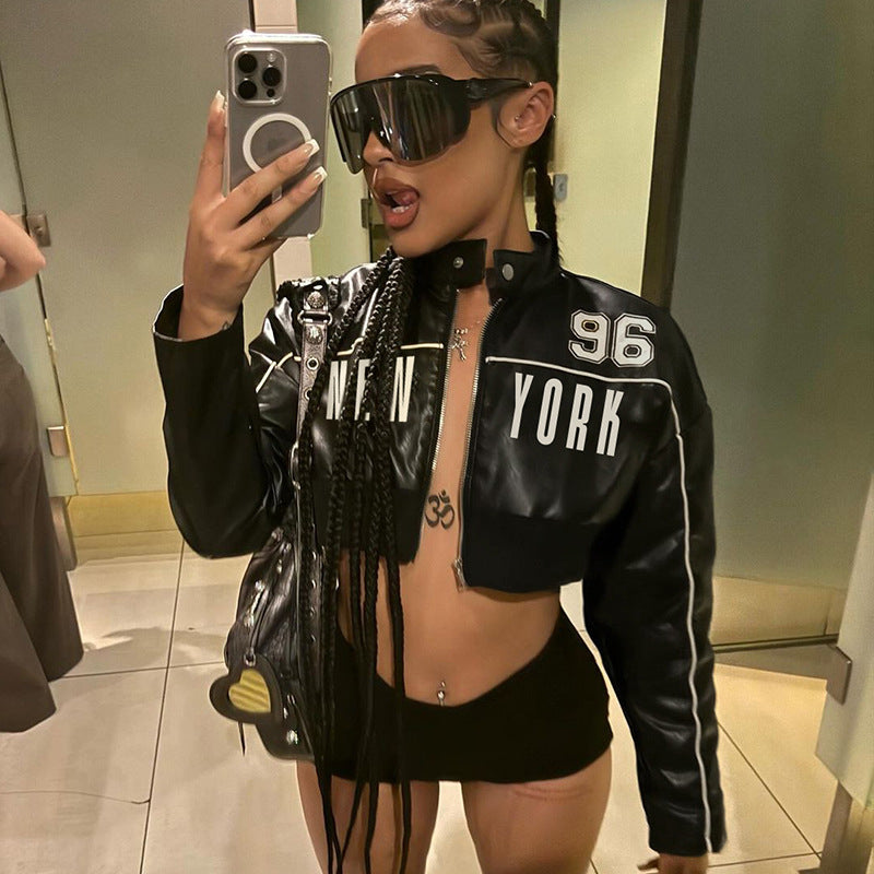 Personality Locomotive Leather Jacket Contrast Color Bud Stripe Numbers Short Faux Leather Jacket Spring Autumn
