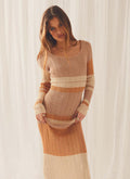 Damen Kontrastfarbenes schulterfreies, gestreiftes Strickkleid mit langen Ärmeln und Cut-Outs für den Strand