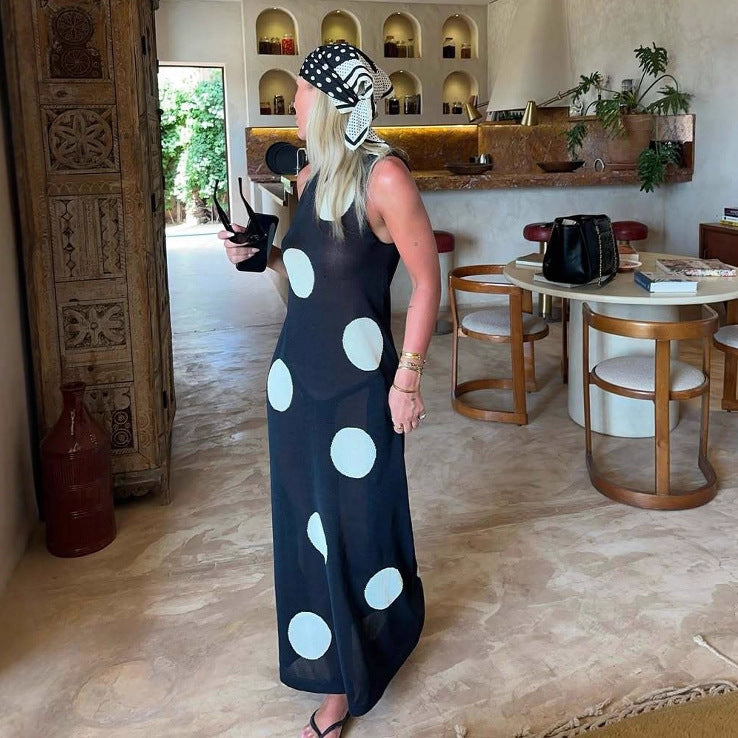 Herbst Winter Polka Dot Lässiges Schlankheitsstrick Maxikleid Böhmisches Strand-Durchsichtig-Kleid Damen