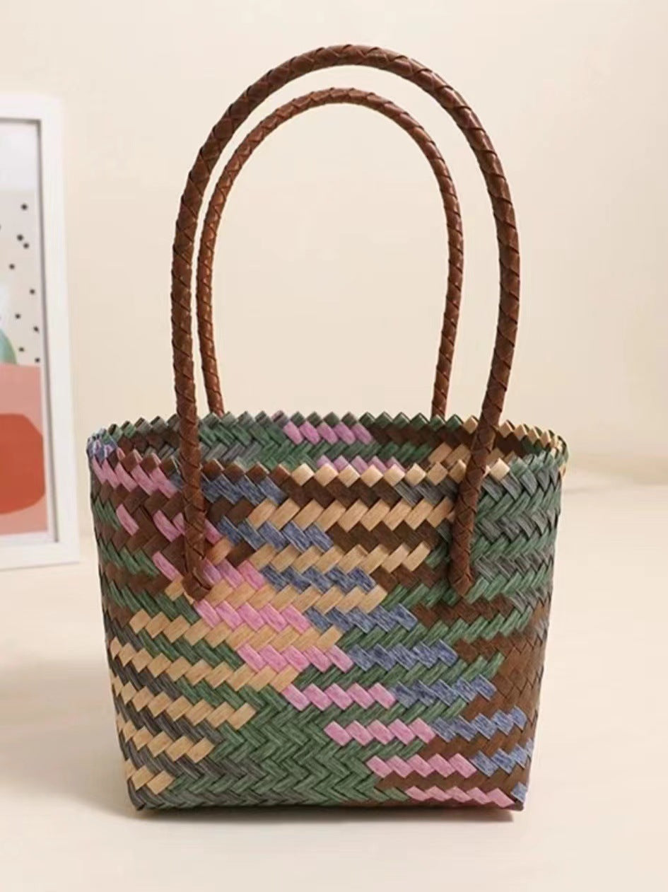 Retro Farben Tragbare Strohtasche Quadratische Handgewebte Tasche Urlaub Strandtasche Damentasche