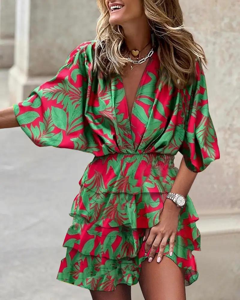 Women Batman Sleeve V Neck Irregular Hem Dress by Wanita Store