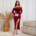 Women Clothing Sexy Socialite Dress Autumn Winter High Grade Burgundy Midi Dress