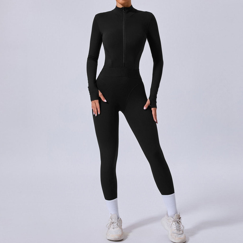 Mesh-Nähte an beiden Seiten Yoga-Jumpsuit Eng anliegender elastischer Bund Fingerloch-Naht Sport-Fitness-Einteiler