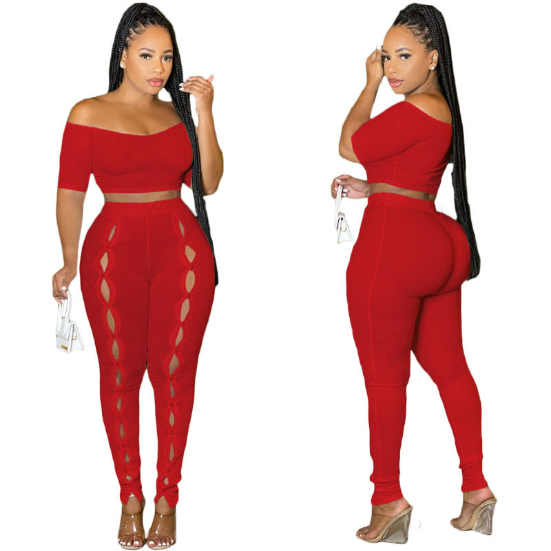 Women Clothing Summer Suit Sexy off the Shoulder Button Two Piece Pants