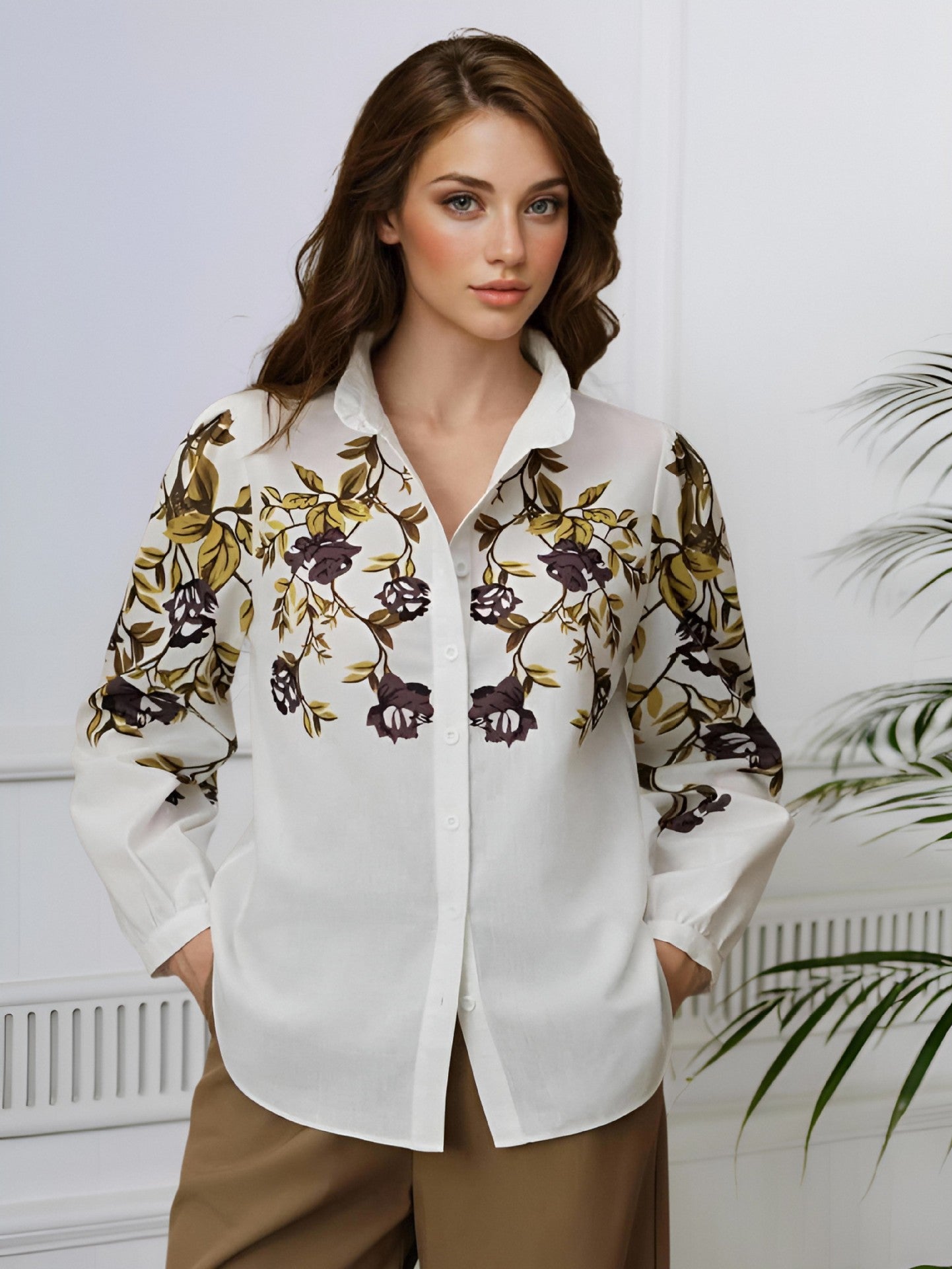 Women Clothing Office Printed Long Sleeved Shirt