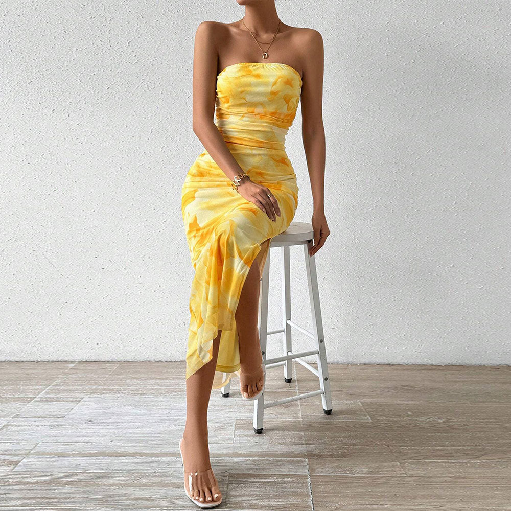 Printed Dress Spring Summer Women Clothing High Waist Slit Tube Top Dress