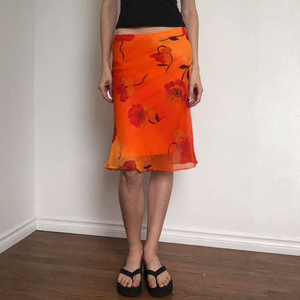 Chinese Retro Floral Print Rendering Contrast Color Sheath Skirt Vacation Chiffon Mesh Midi Skirt