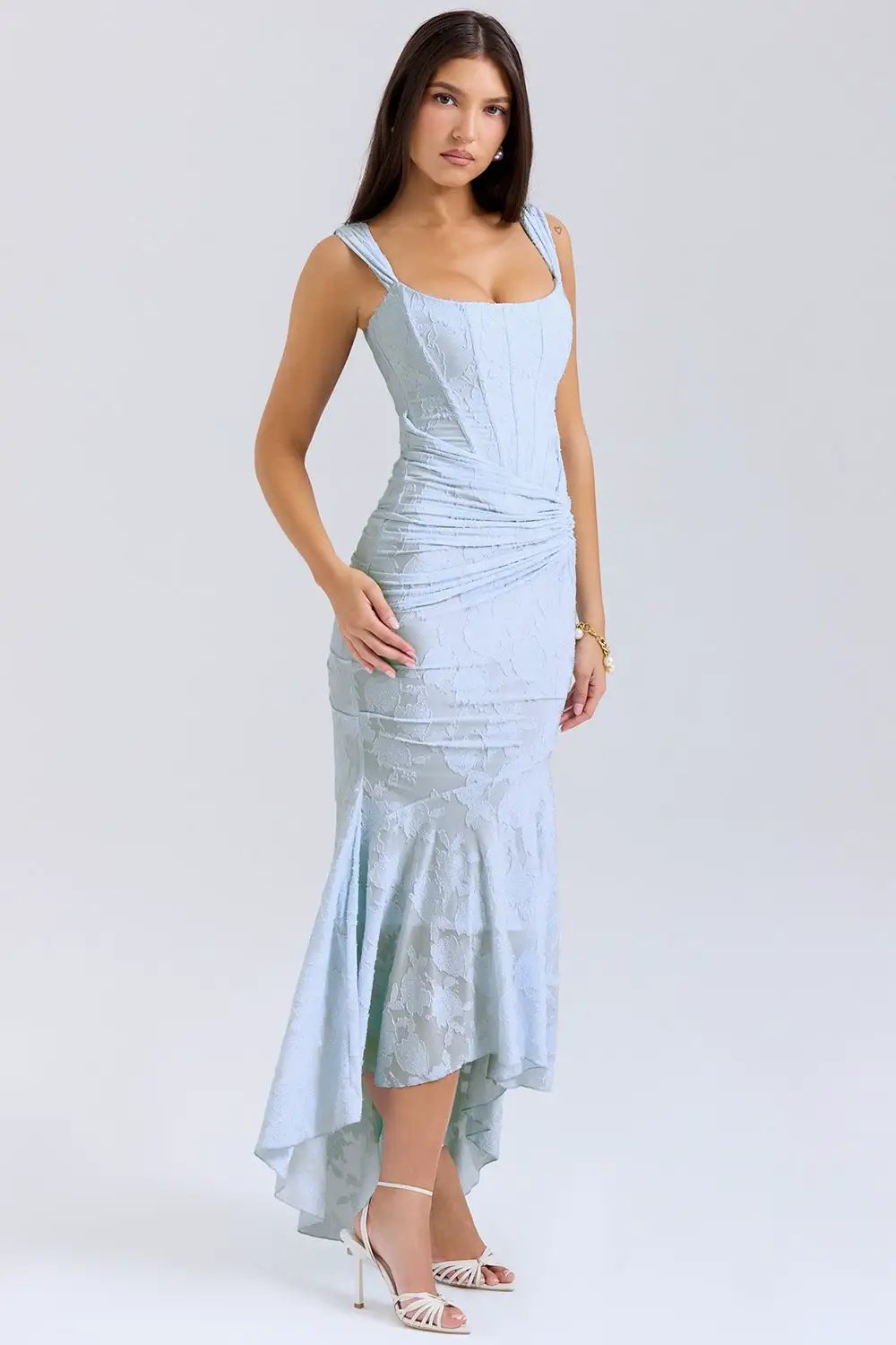 Autumn Square Collar Elastic Net Jacquard Pleated Sleeveless Fishtail Cami Dress by Wanita Store