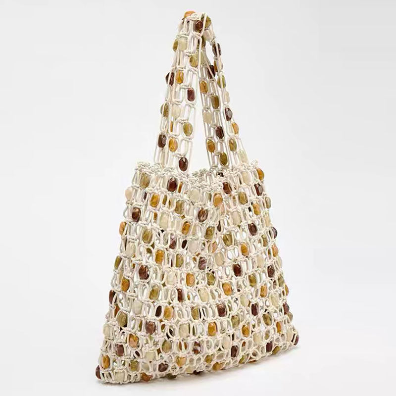 Sommerliche lässige Perlen-Tasche für Damen, besondere Interessen, hochwertige gewebte Tasche, kariert, ausgehöhlt, mit Holzperlen, Strandtasche