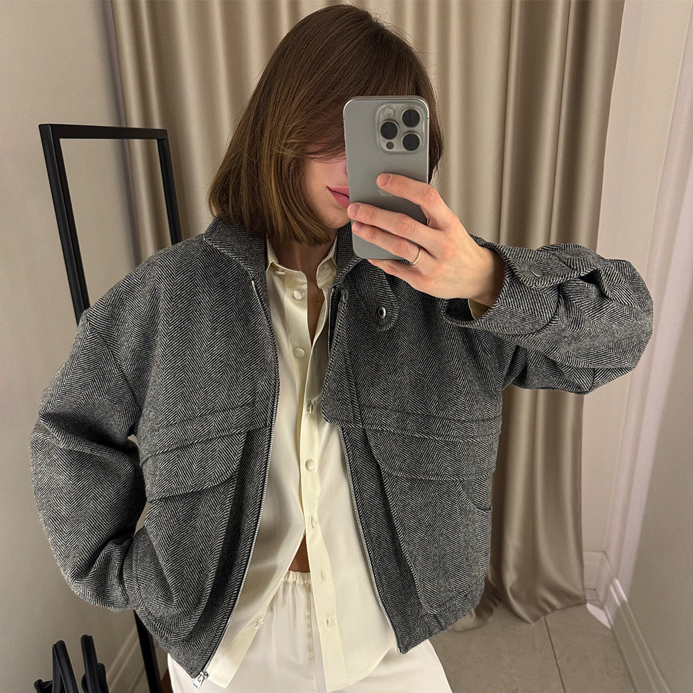 Fischgrätmuster Stehkragenjacke Herbst Winter Reißverschluss mit Tasche Oberteil Lockerer Wollmantel