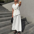 White Short Sleeved Lace up Women Design Waistcoat Mid Length White Shirt A line Skirt Two Piece Set