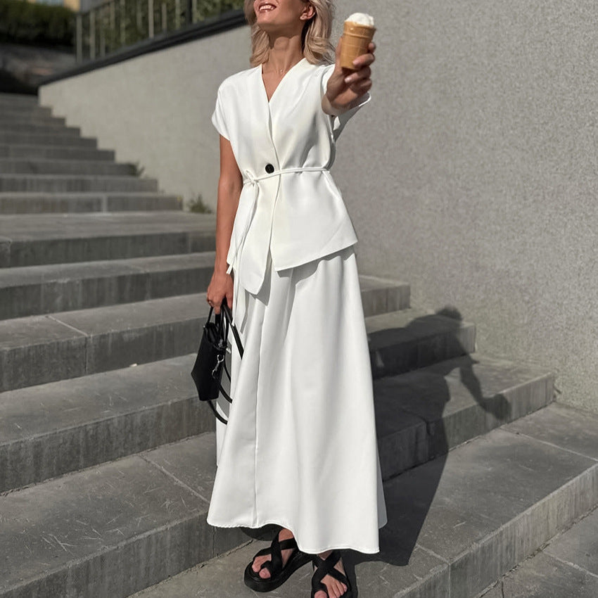 White Short Sleeved Lace up Women Design Waistcoat Mid Length White Shirt A line Skirt Two Piece Set