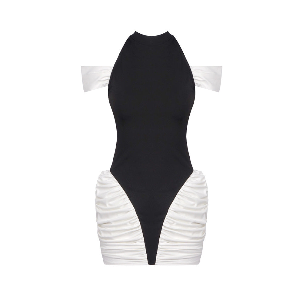 Sommer Damenbekleidung Farbkontrast Patchwork Sexy Sanduhr Plissiertes Neckholderkleid Ärmelloses Kleid