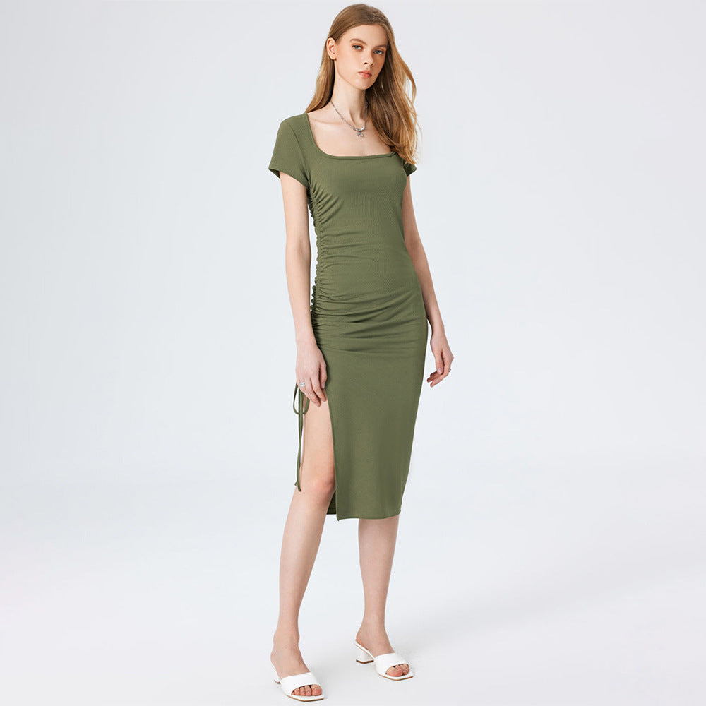Knitted Small Sunken Stripe Elegant Square Cut Collar Waist Figure Flattering Side Slit Hip Dress