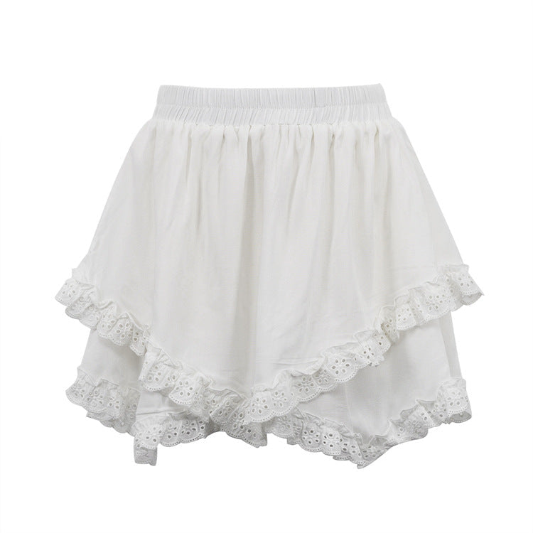 Women Clothing Fresh Sweet All Matching White Short Skirt Lace Stitching Design High Waist Cake Skirt