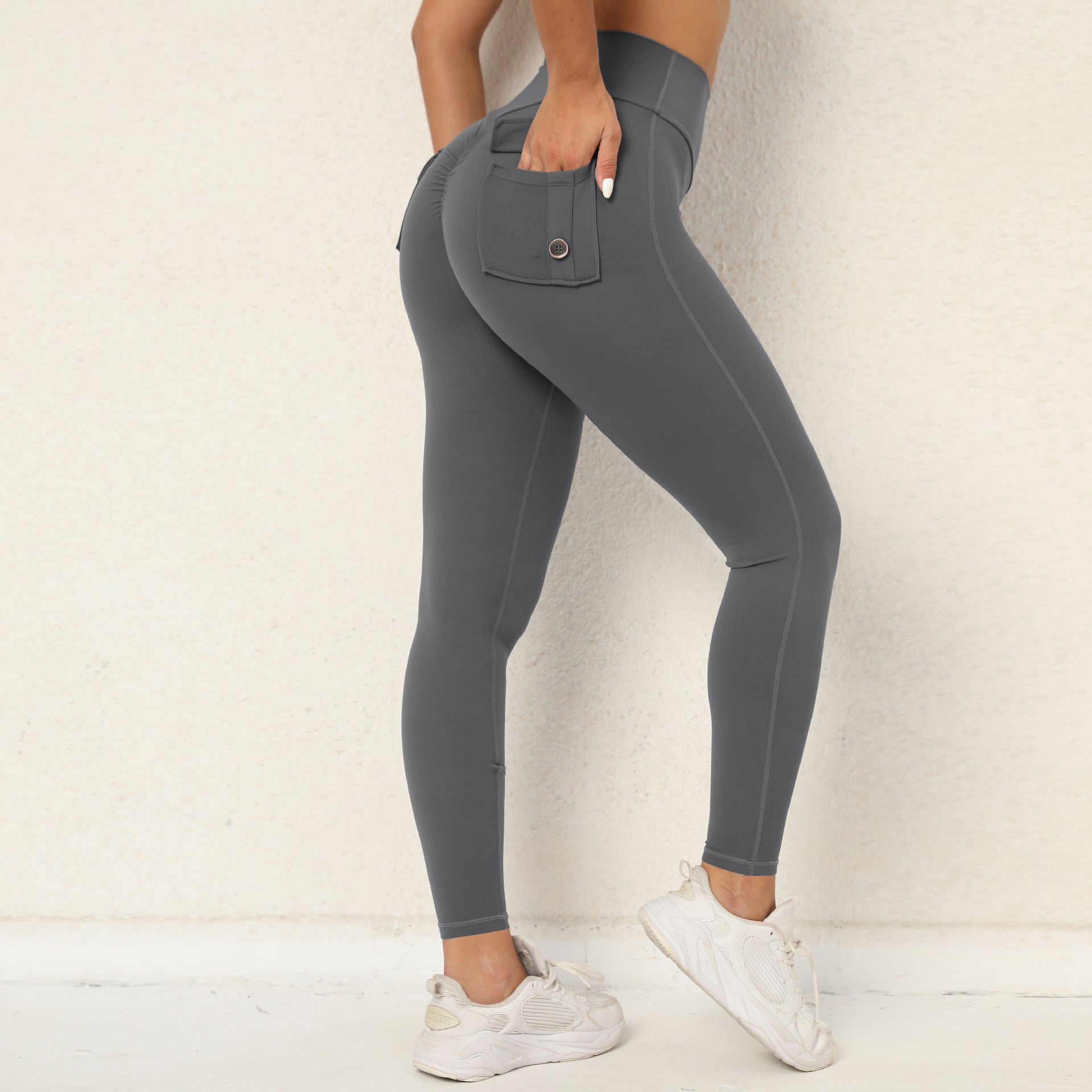 Pfirsich Po Arbeitskleidung Enge Tasche Yoga Hosen Damen Hohe Taille Stretch Po Lift Knopf Schnell Trocknende Lauf Fitness Hosen Damen