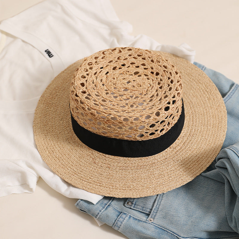 Lafite Cap Aushöhlen Cutout Flache Oberseite Sonnenhut Sommer Handgewebter Strohhut All Match Reise Urlaub Strandhut