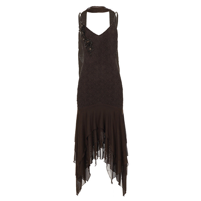 Artistic Applique Irregular Asymmetric Lace Scarf V neck Dress Backless Sexy Waste Soil Cami Dress