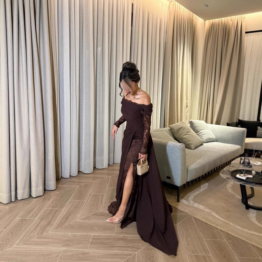 Frühling Sommer Damen Kleidung Tube Top mit Spitze und langen Ärmeln Großem Saum Elegantes Retro-Kleid