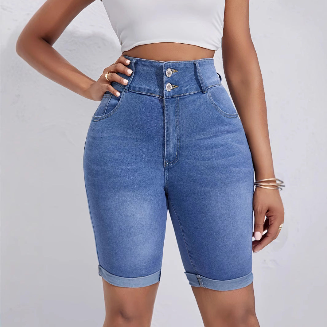 Ladies High Waist Double Buckle Middle Pants Curling Stretch Denim Shorts Cycling Pants