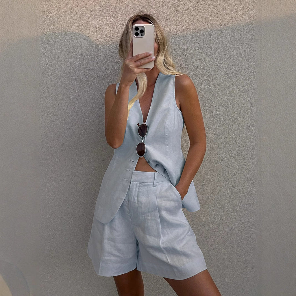 Baumwoll-Leinen-Westen-Shorts-Set Sommer Office-Westen-Shorts-Set Freizeit Damen