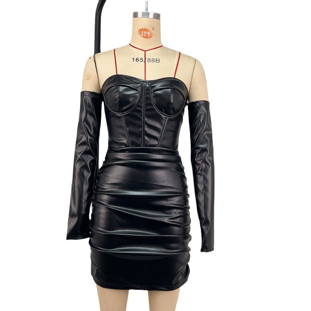 Tube-Top-Paket-Hüftkleid Frühling Sommer Sexy schulterfrei Plissiert Leder Stäbchen Korsett Taillenregulierung