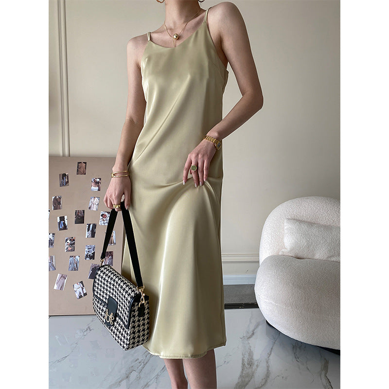 Französisches Azetat-Drapierung Satin-Cami-Kleid Lang Damenkleid Frühling