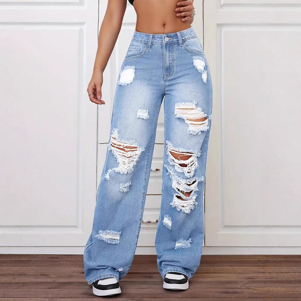 Ripped Jeans Washed High Waist Straight All Matching Loose Denim Trousers Women Jeans