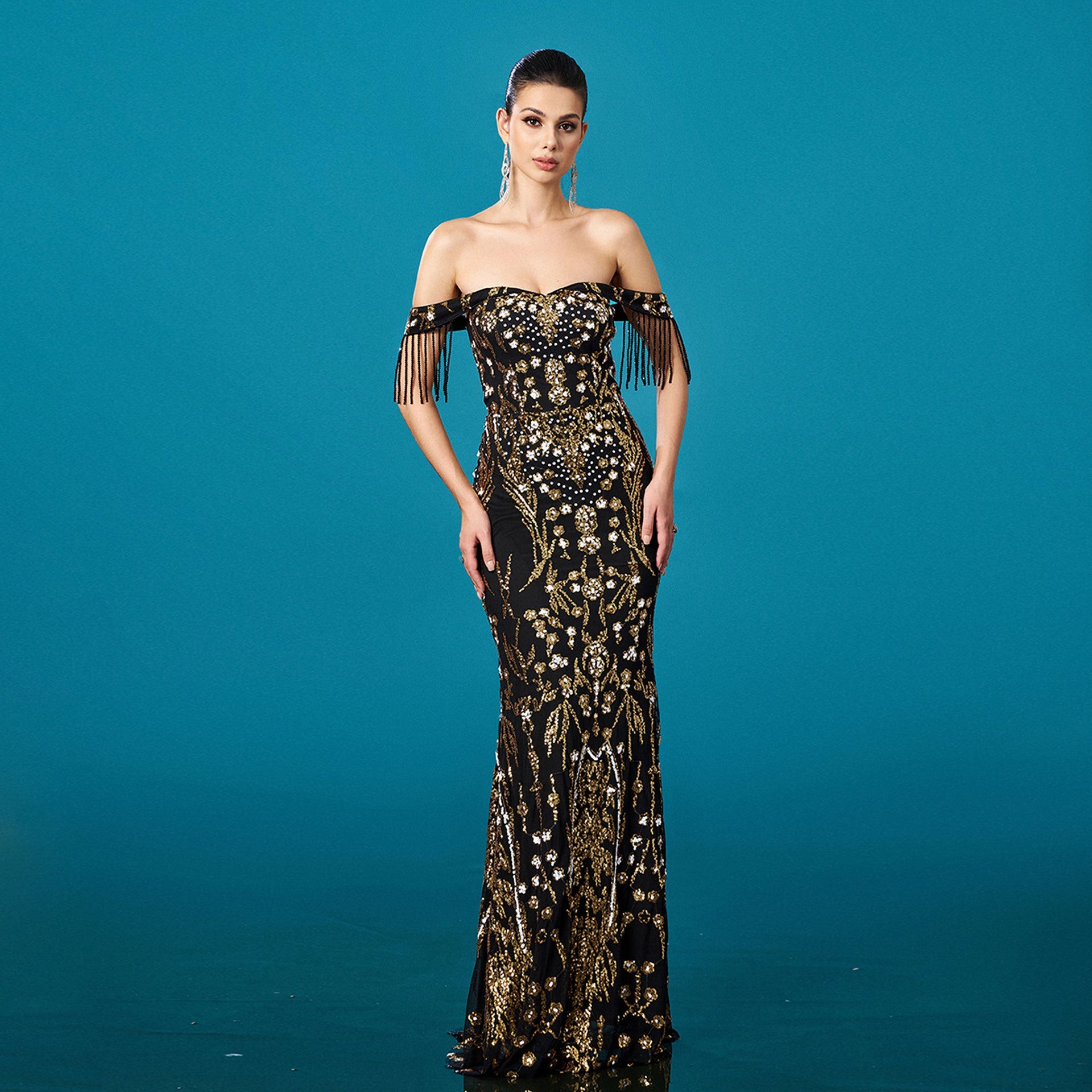 Damenbekleidung Hochwertiges Off-Shoulder-Fransen-Pailletten-Fischschwanz-Abendkleid Cocktailkleid Damen