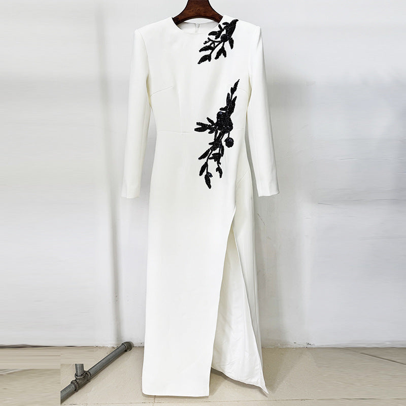 Kleid Bestickt Perlen Perlenbestickt Blumen Langarm Geschlitzt Maxikleid