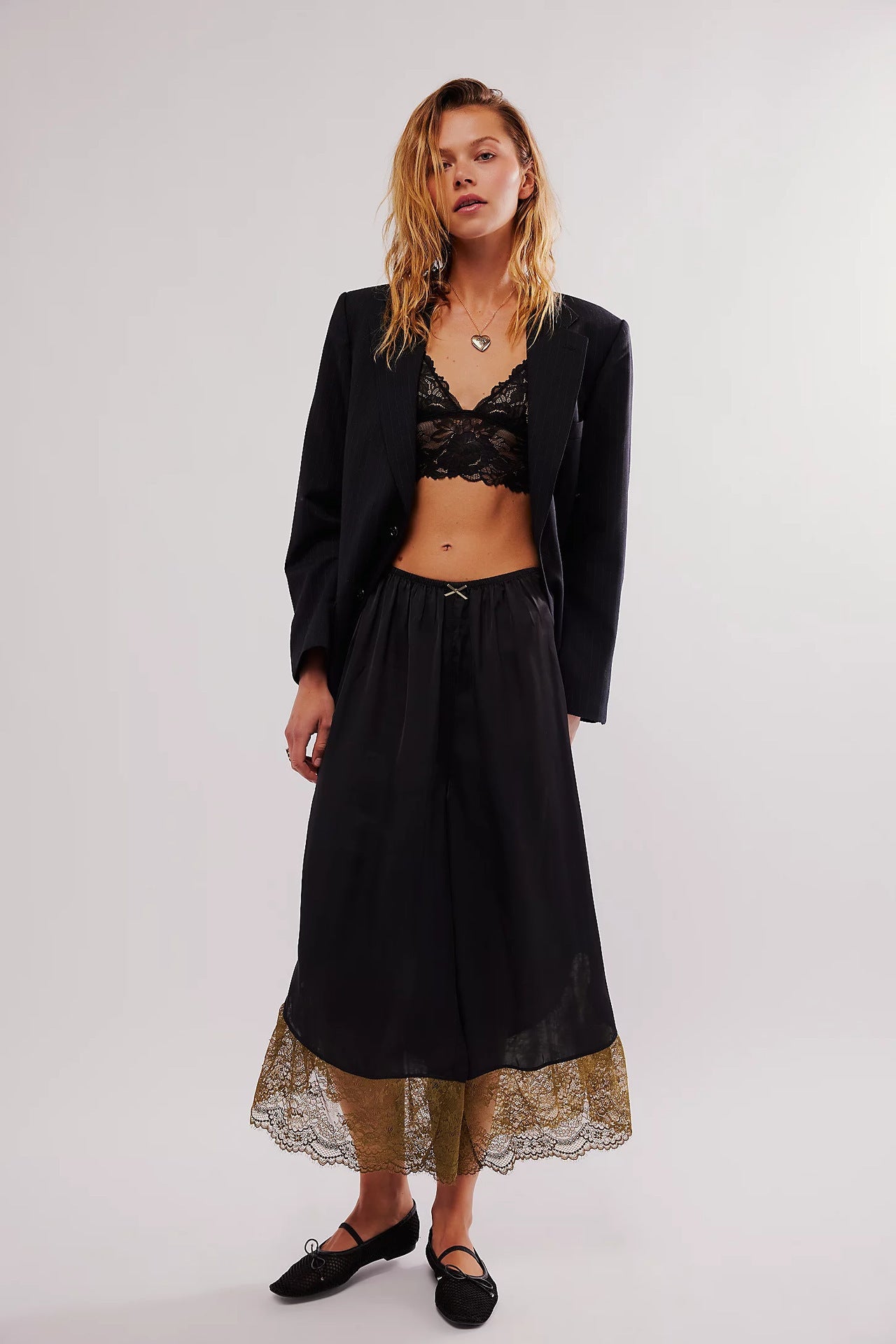 Women Lace Satin Stitching Loose Wide Leg Casual Trousers Office