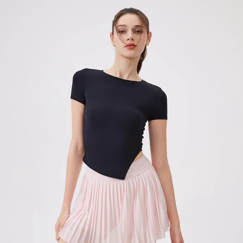 Cool Breathable Antibacterial Asymmetric Waist-Tight Sports Top Women Short Sleeved T shirt Running Training Clothes Fitness Yoga Clothes by Wanita Store