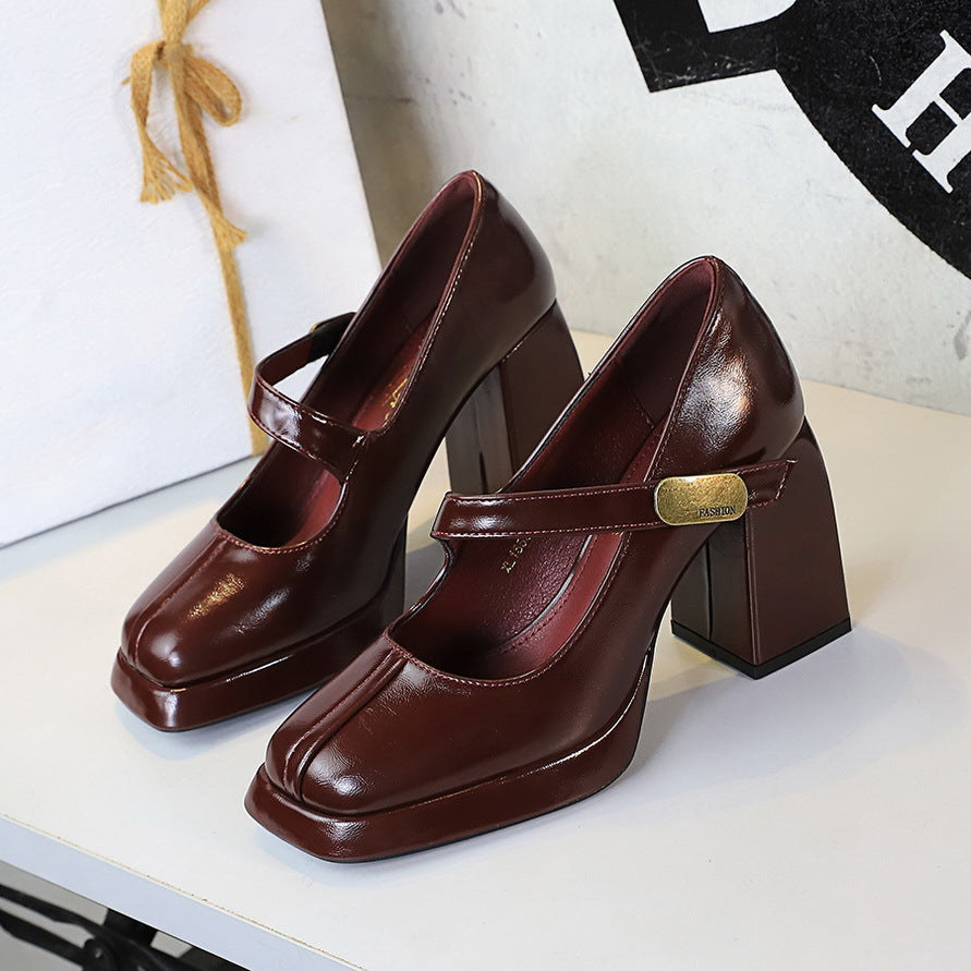 Retro High Heels Women Shoes Chunky Heel High Heel Waterproof Platform Metal Buckle Ankle Strap Shoes