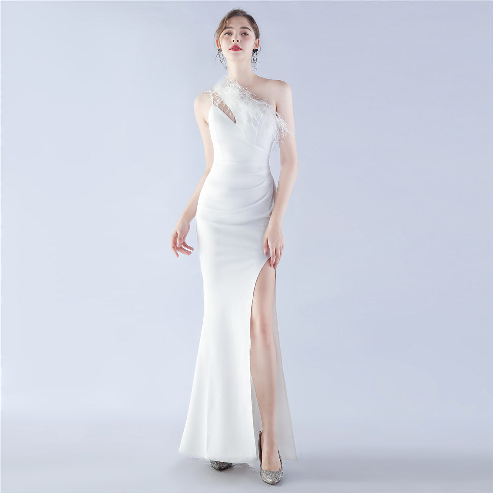 Bestellfertigung Straußenfeder Cocktail Performance Satin Langes Abendkleid