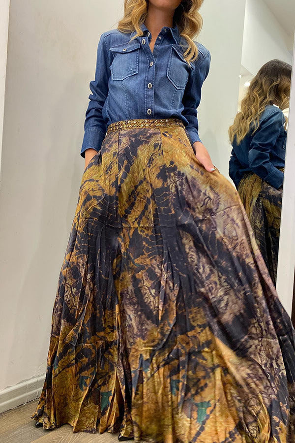 Damen Retro Maxirock mit Print und Gummibund für den Herbst