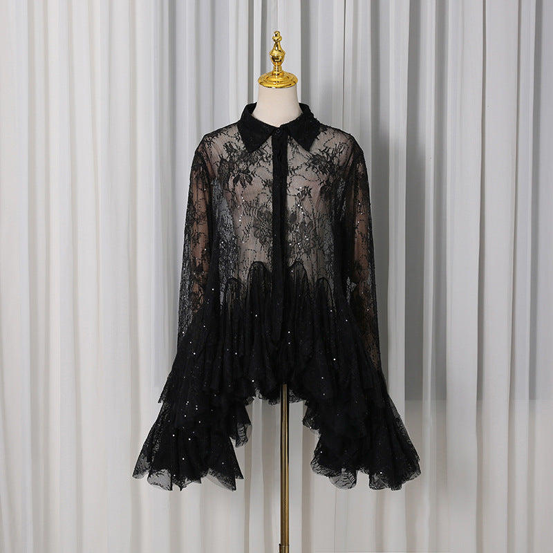 French Sexy Short Dress Spring Polo Collar Single Breasted Waist Controlled Slimming Long Sleeve Lace Stitching Dress