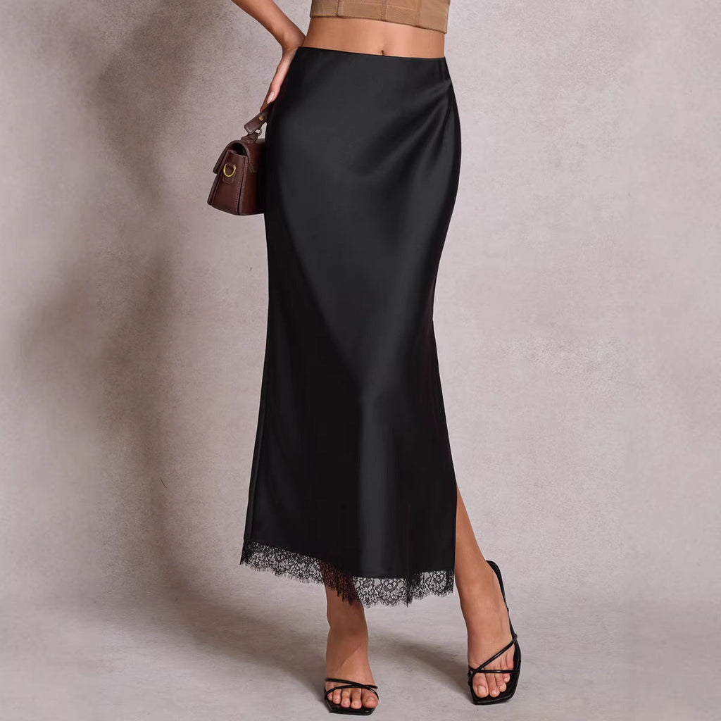 Women Clothing Satin Skirt Lace Split High Waist Elastic Sexy Sheath Skirt