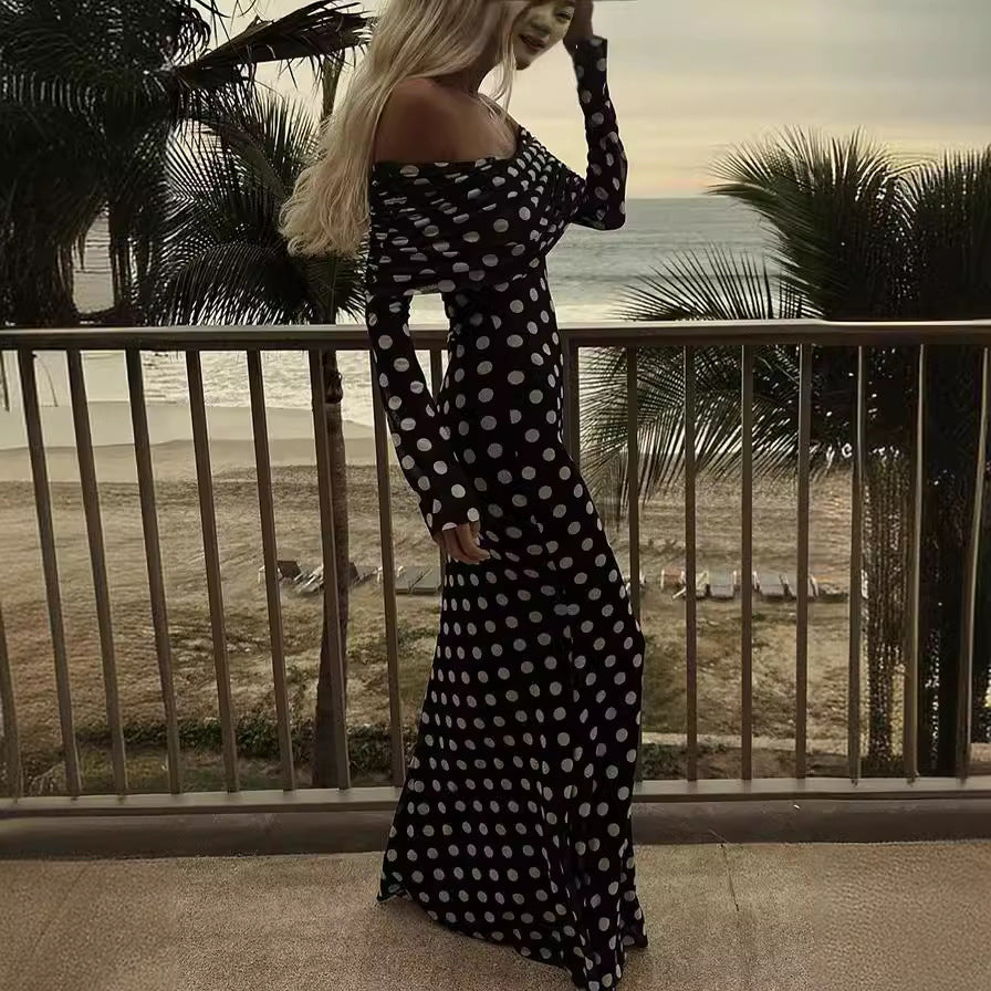 Frühling Sommer Gaze Polka Dot Nähte Off Shoulder Sexy Enges Kleid für Frauen