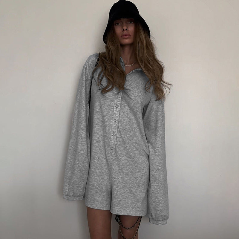 Lässiger lockerer Jumpsuit mit Knopfleiste, einfarbig, schlicht, Kragen, Basic-Oberbekleidung, Street-Jumpsuit mit langen Ärmeln für Damen