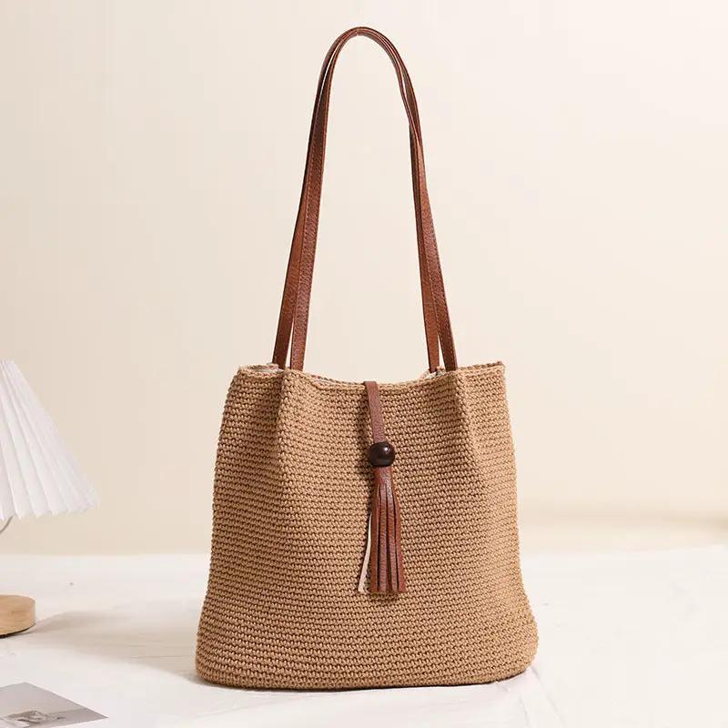 Wooden Bead Tassel Shoulder Cotton Thread Woven Bag Pleated Straw Bag Vacation Beach Bag Women Bag by Wanita Store