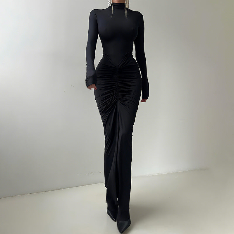 Damenbekleidung Herbst Einfarbig Elegant Schmal Schlankmachend Plissiert Rollkragen Langarm Kleid