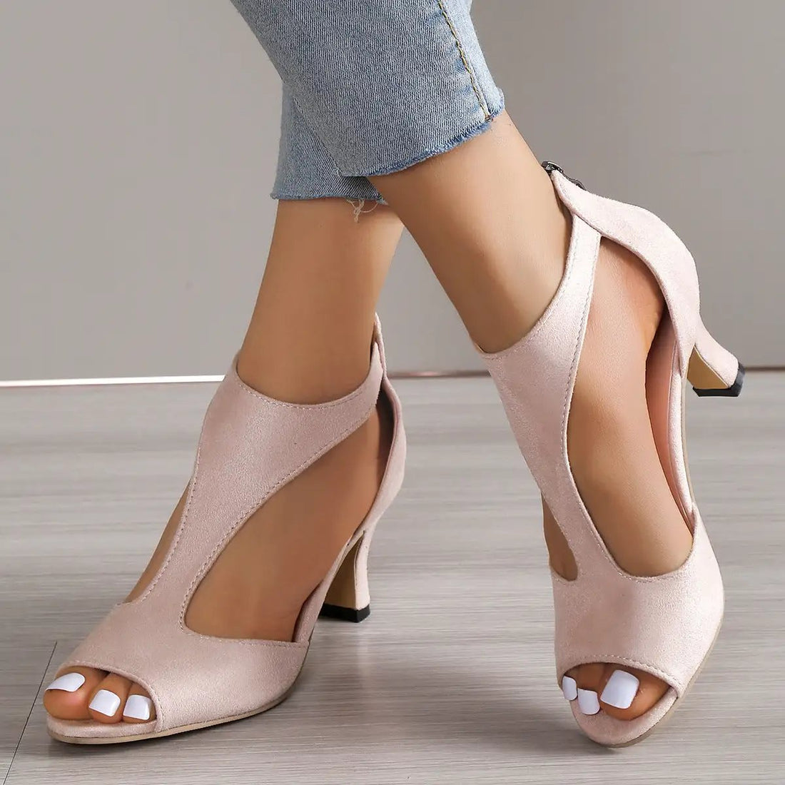 Chunky Heel Suede Fish Mouth Hollowed Sandals Women One Word Bag Heel Open Toed Roman Sandals by Wanita Store