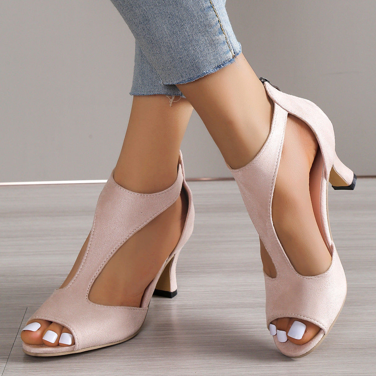 Chunky-Heel-Wildleder-Fischmaul-Sandalen Damen Ein-Wort-Taschenabsatz Offene-Zehen-Römersandalen