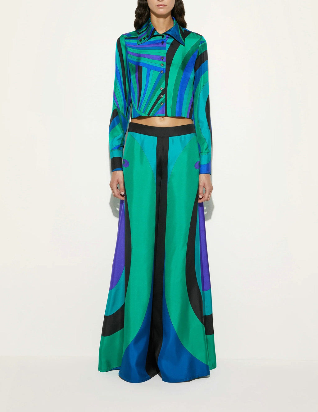 Positioning Printing Satin Long Sleeve Shirt Trousers Wide Leg Pants Two Piece Sets