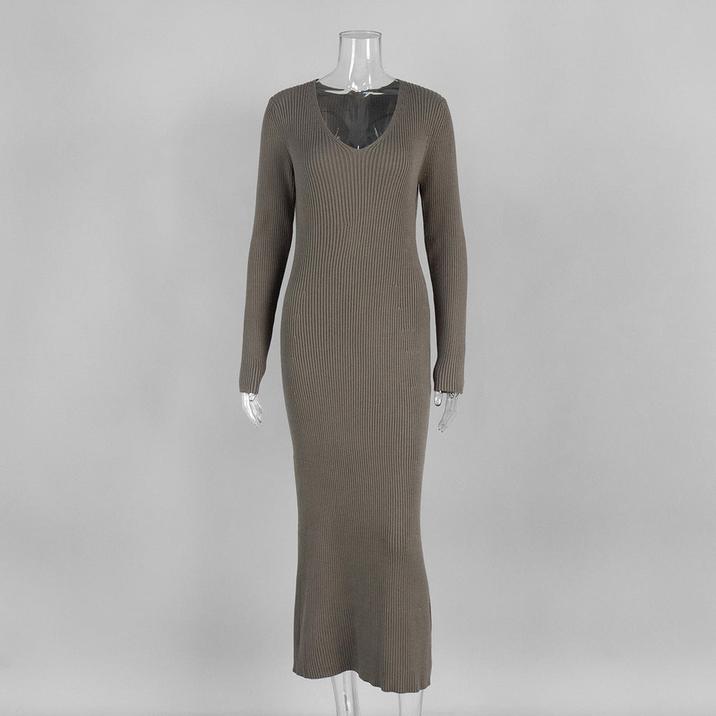Einfarbiges Langarmkleid Damen Herbst Winter Elegant V-Ausschnitt Schmale Hüfte Strickkleid