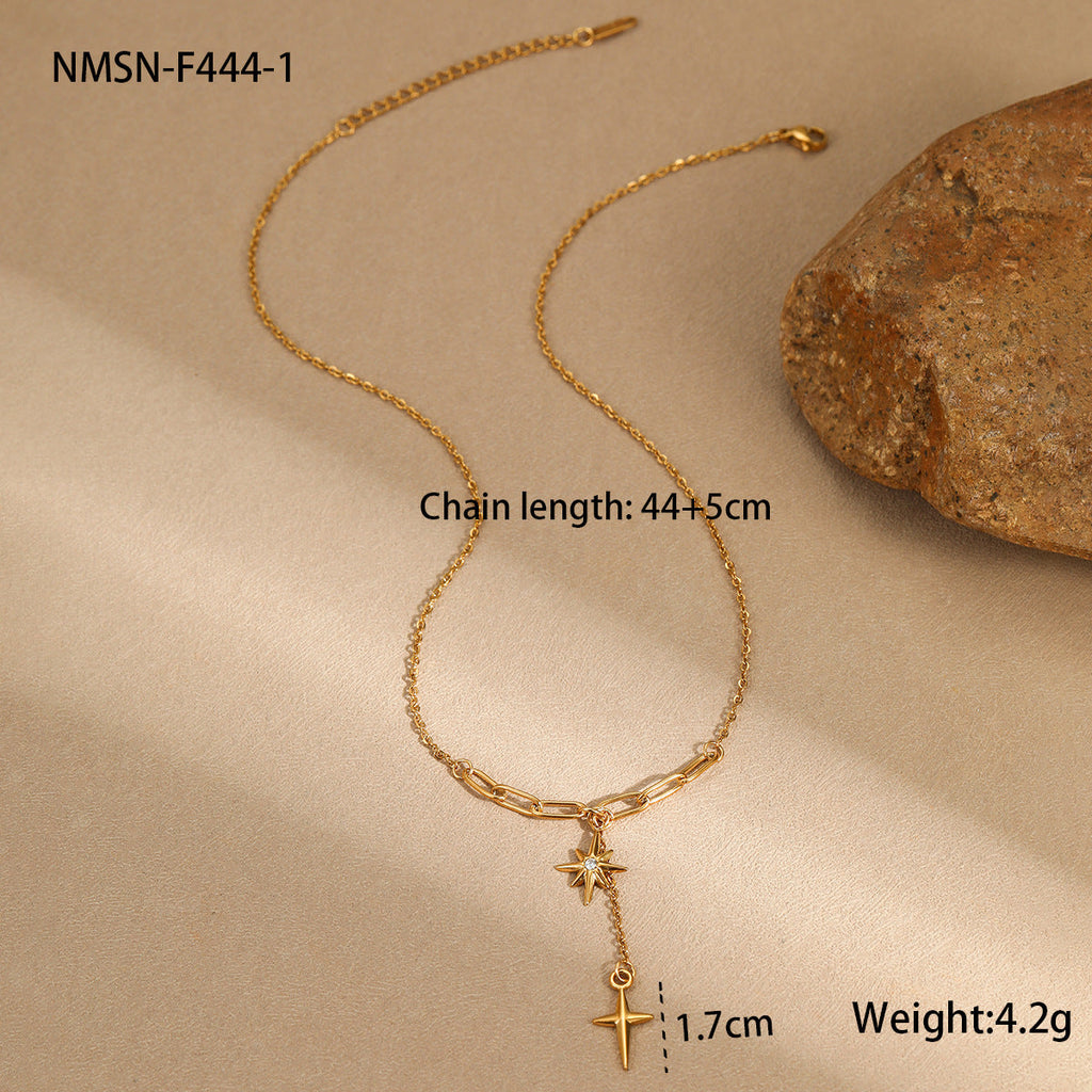 Minimalist Clavicle Chain Diamond Eight Awn Star Necklace Tassel Cross Embellished Asterism Stainless Steel Necklace