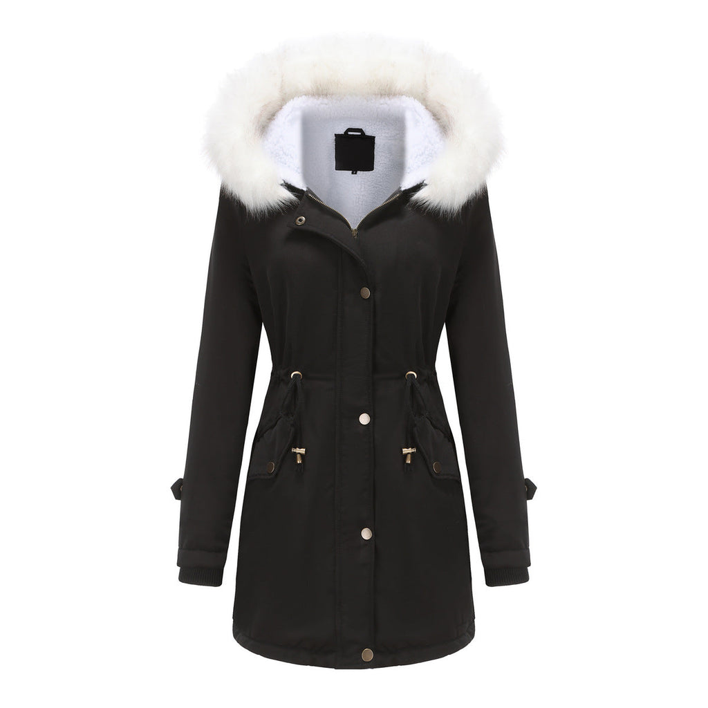 Herbst Winter Abnehmbarer Pelzkragen Damen Überwinden Langarm Kapuzen Baumwolle Gepolsterter Mantel Fleece Mantel Baumwolle Gepolsterter Mantel Damen